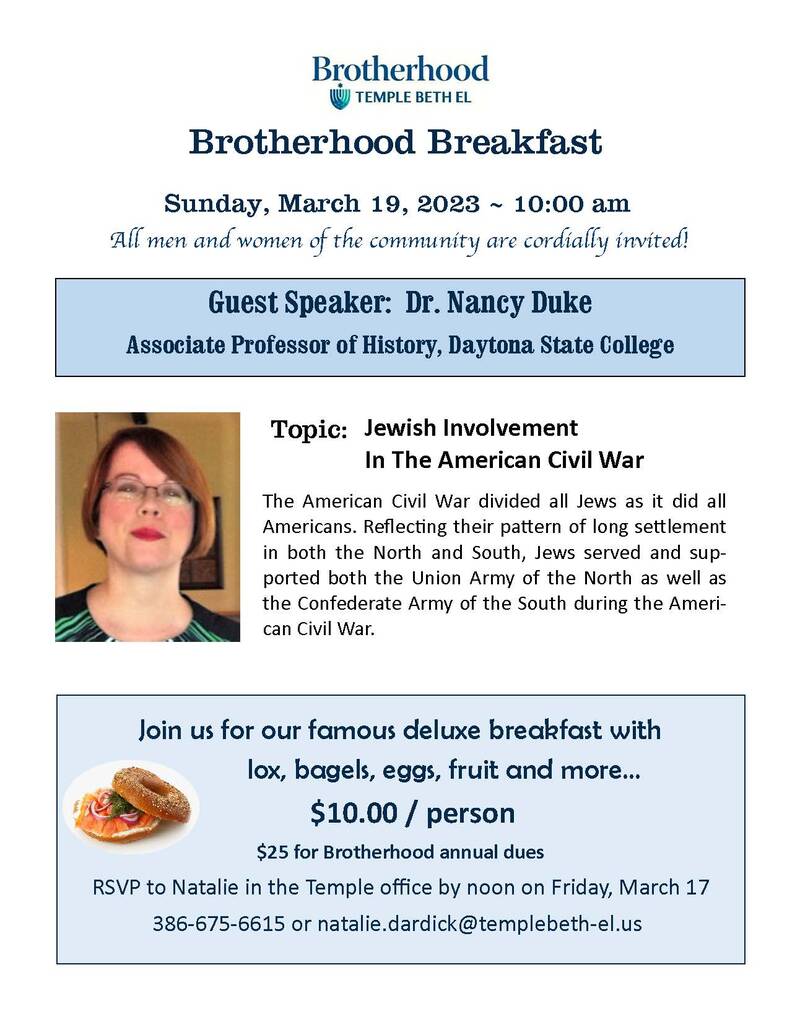 Banner Image for Brotherhood Breakfast; speaker: Nancy Duke; topic: Jewish Involvement in the American Civil War